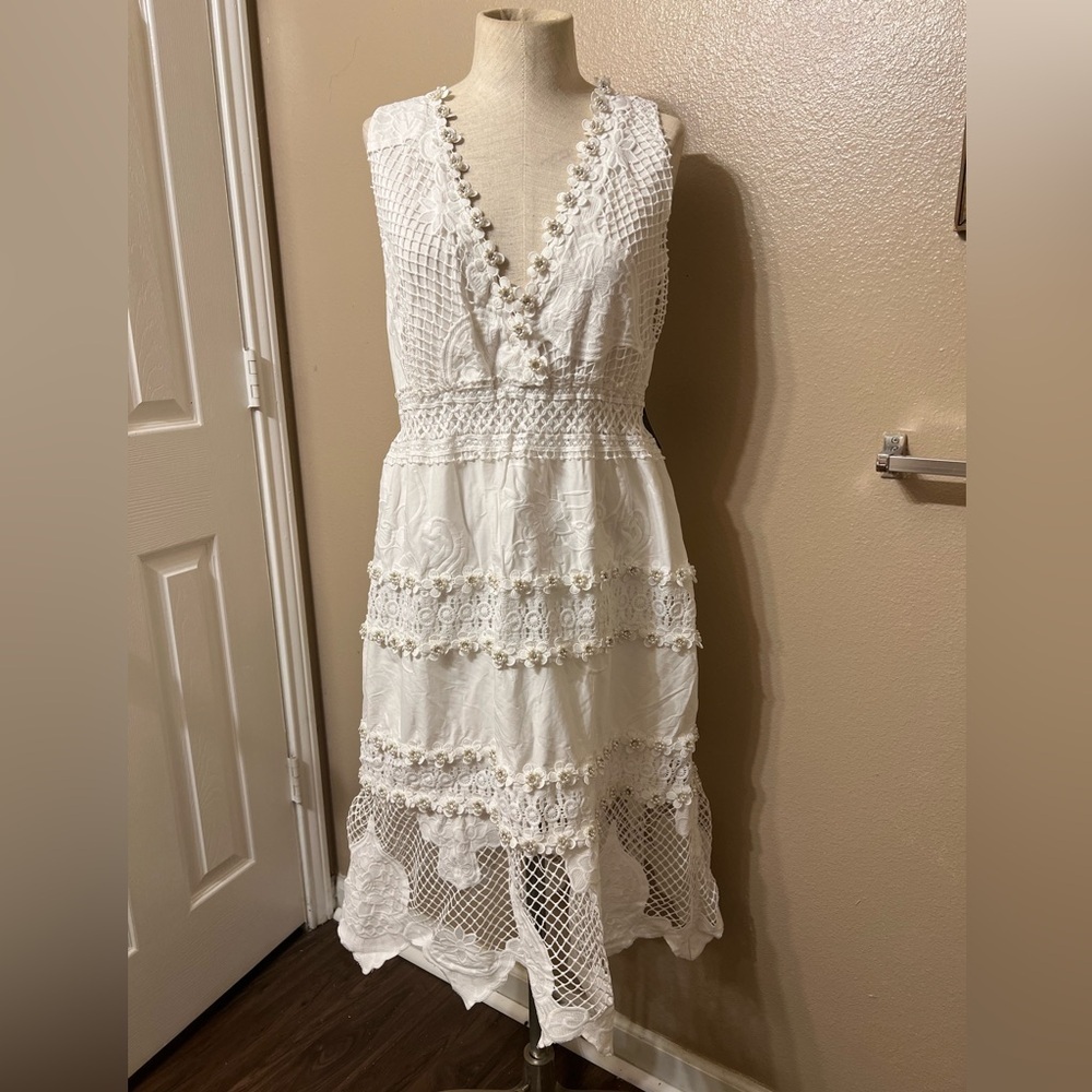 Boston Proper White Crochet Midi Dress with Floral Trim